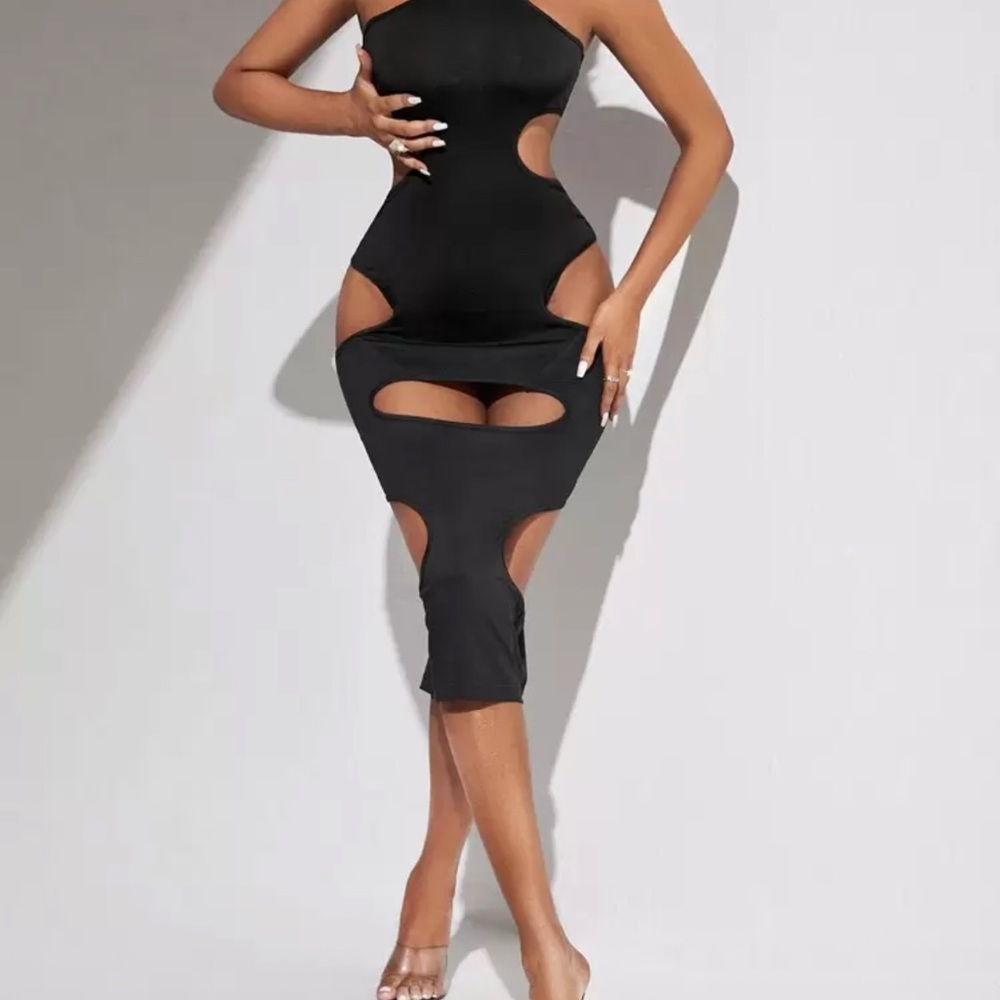 SHEIN Elegant Black Cutout Midi Dress